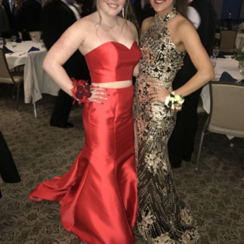 Black and gold two piece gown broccade evening prom dress